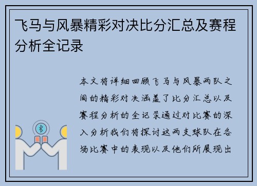 飞马与风暴精彩对决比分汇总及赛程分析全记录